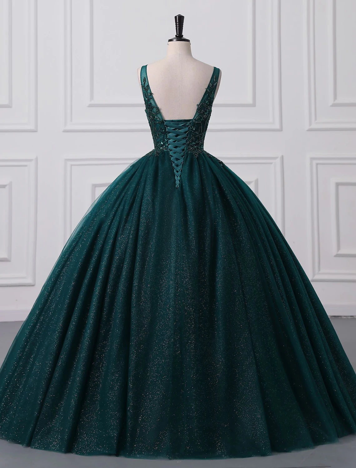 Sparkling V-Neck Ball Gown Tulle Sequin Floor-Length Prom Quinceanera Dress.