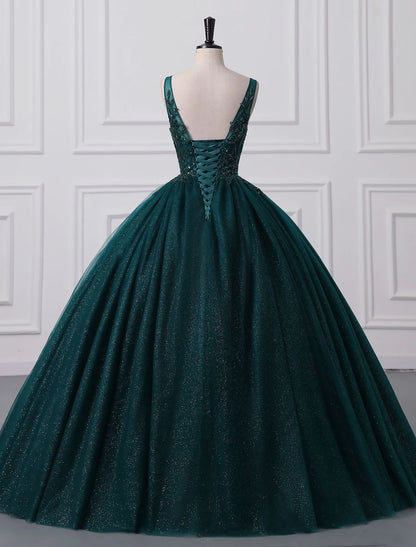 Sparkling V-Neck Ball Gown Tulle Sequin Floor-Length Prom Quinceanera Dress.