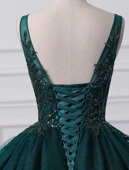 Sparkling V-Neck Ball Gown Tulle Sequin Floor-Length Prom Quinceanera Dress.