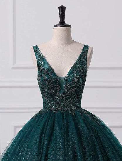 Sparkling V-Neck Ball Gown Tulle Sequin Floor-Length Prom Quinceanera Dress.