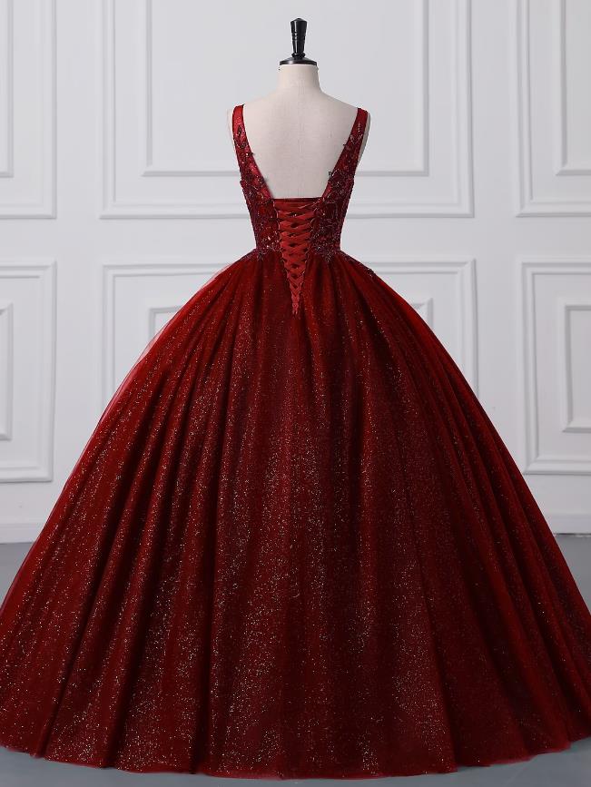 Sparkling V-Neck Ball Gown Tulle Sequin Floor-Length Prom Quinceanera Dress.