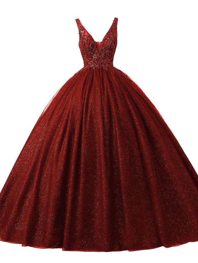 Sparkling V-Neck Ball Gown Tulle Sequin Floor-Length Prom Quinceanera Dress.