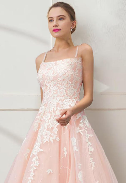 Stunning Floral Embroidered Ball Gown Prom Dress with Crisscross Back.