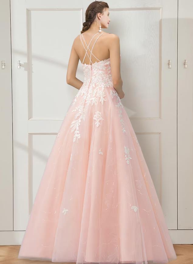 Stunning Floral Embroidered Ball Gown Prom Dress with Crisscross Back.