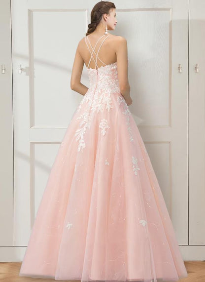 Stunning Floral Embroidered Ball Gown Prom Dress with Crisscross Back.