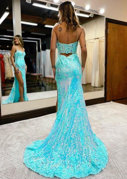 Stunning Mermaid Trumpet V-Neck Sequined High Slit Prom Dress with Appliques.
