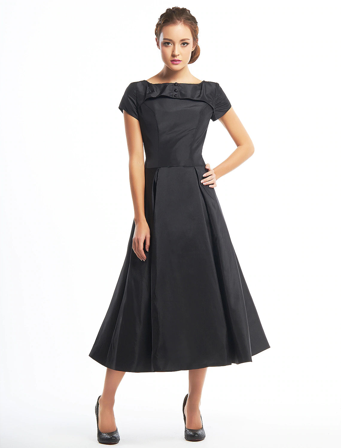 Vintage A-Line Boat Neck Short Sleeve Taffeta Tea Length Homecoming Dress.