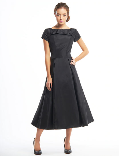 Vintage A-Line Boat Neck Short Sleeve Taffeta Tea Length Homecoming Dress.