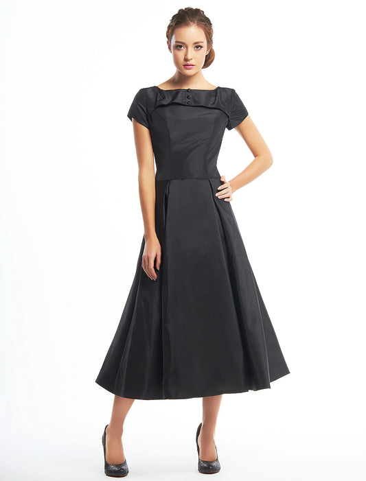Vintage A-Line Boat Neck Short Sleeve Taffeta Tea Length Homecoming Dress.