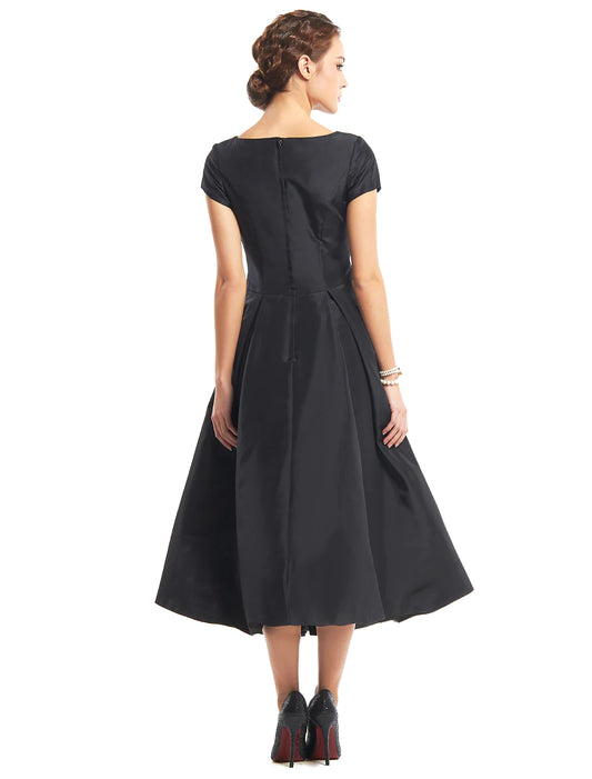 Vintage A-Line Boat Neck Short Sleeve Taffeta Tea Length Homecoming Dress.