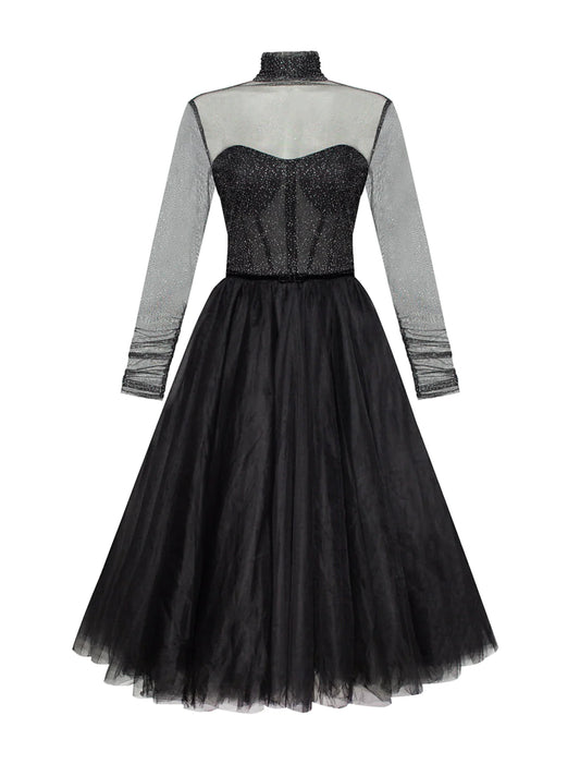 Vintage A-Line High Neck Long Sleeve Black Tulle Wednesday Addams Cocktail Dress.