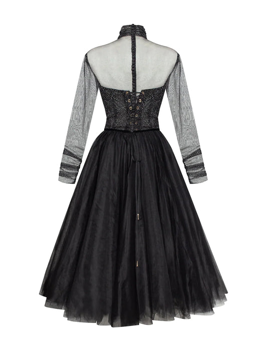 Vintage A-Line High Neck Long Sleeve Black Tulle Wednesday Addams Cocktail Dress.