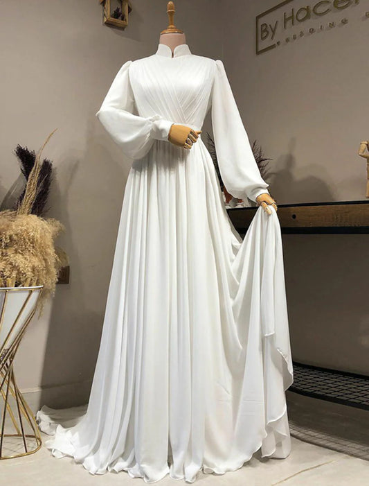 Vintage A-Line High Neck Long Sleeve Chiffon Pleated Solid Wedding Dress.