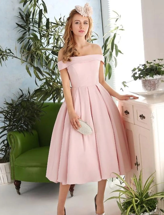Vintage A-Line Off Shoulder Pleated Stretch Tea Length Cocktail Dress.