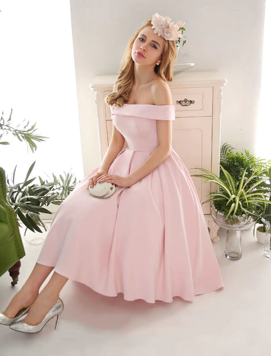 Vintage A-Line Off Shoulder Pleated Stretch Tea Length Cocktail Dress.