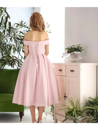 Vintage A-Line Off Shoulder Pleated Stretch Tea Length Cocktail Dress.