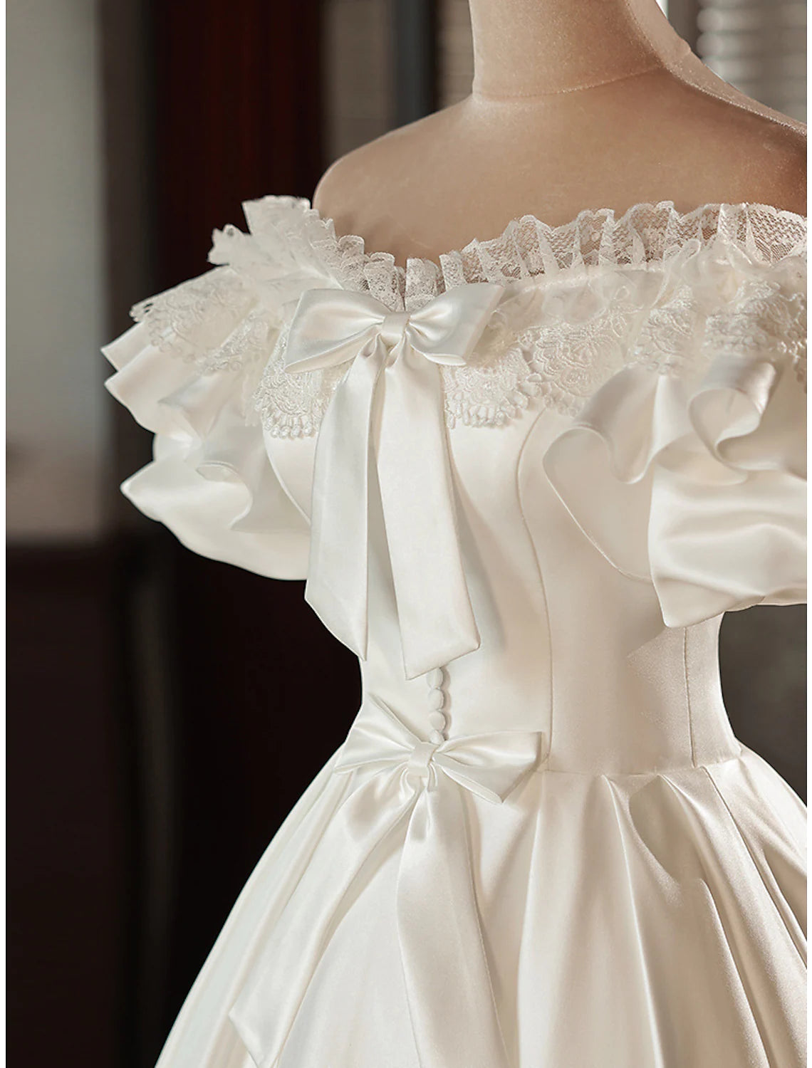 Vintage A-Line Off Shoulder Satin Bow Tea Length Wedding Gown.