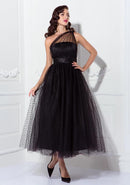 Vintage A-Line one-shoulder pleated tulle dark ankle-length dress.