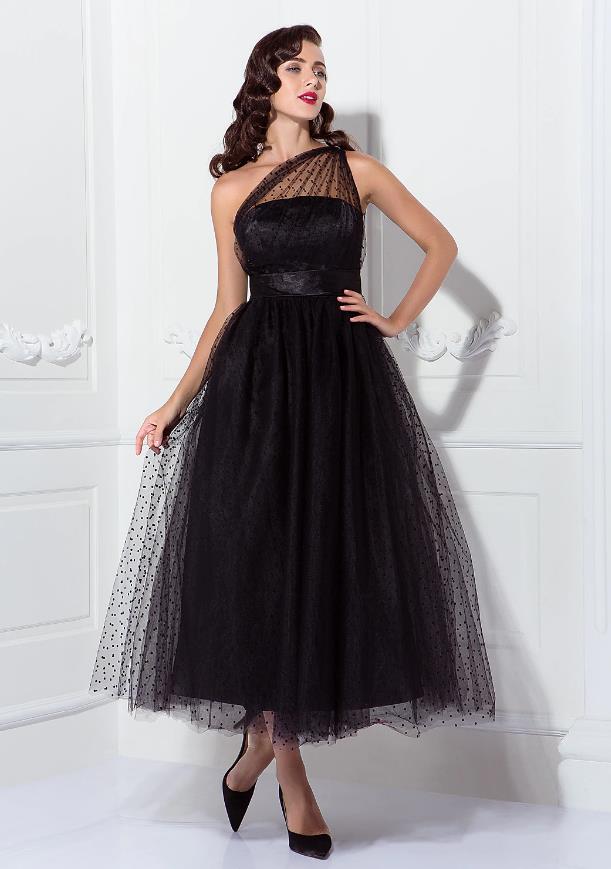 Vintage A-Line one-shoulder pleated tulle dark ankle-length dress.