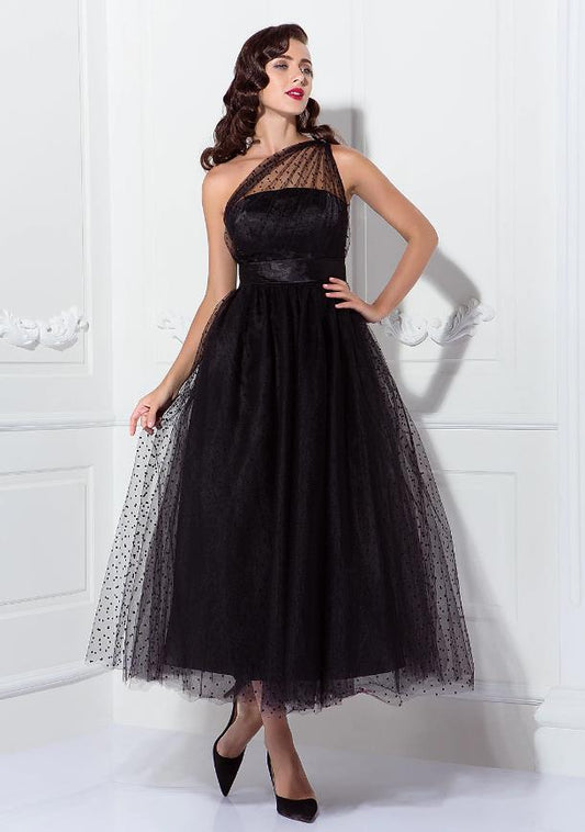 Vintage A-Line one-shoulder pleated tulle dark ankle-length dress.