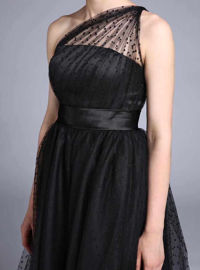 Vintage A-Line one-shoulder pleated tulle dark ankle-length dress.
