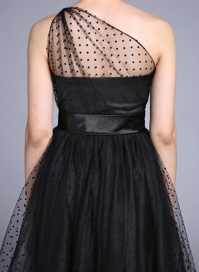Vintage A-Line one-shoulder pleated tulle dark ankle-length dress.