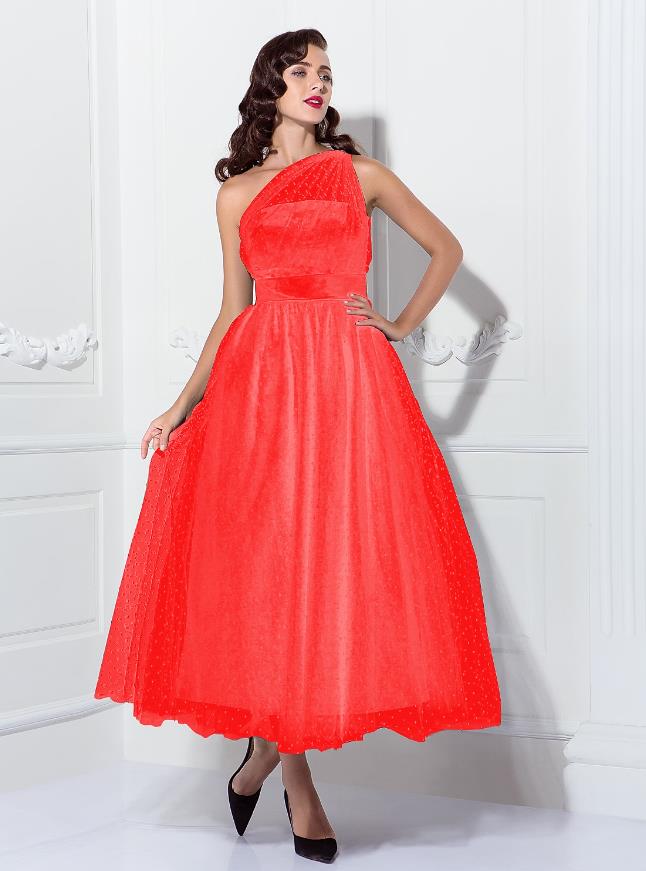Vintage A-Line one-shoulder pleated tulle dark ankle-length dress.