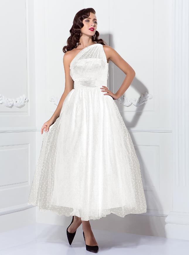 Vintage A-Line one-shoulder pleated tulle dark ankle-length dress.