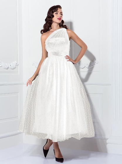Vintage A-Line one-shoulder pleated tulle dark ankle-length dress.