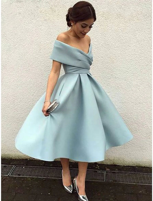 Vintage A-Line V-Neck Short Sleeve Tea Length Homecoming Cocktail Dress.