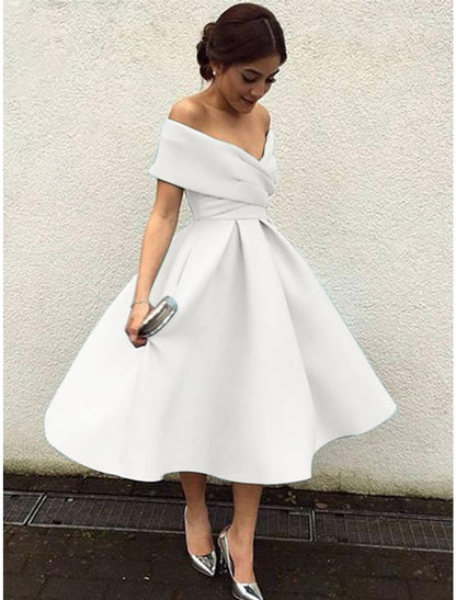 Vintage A-Line V-Neck Short Sleeve Tea Length Homecoming Cocktail Dress.
