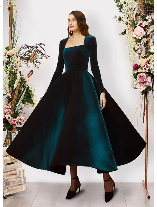 Vintage Velvet Ball Gown Square Neck Long Sleeve Ankle Length Evening Dress.