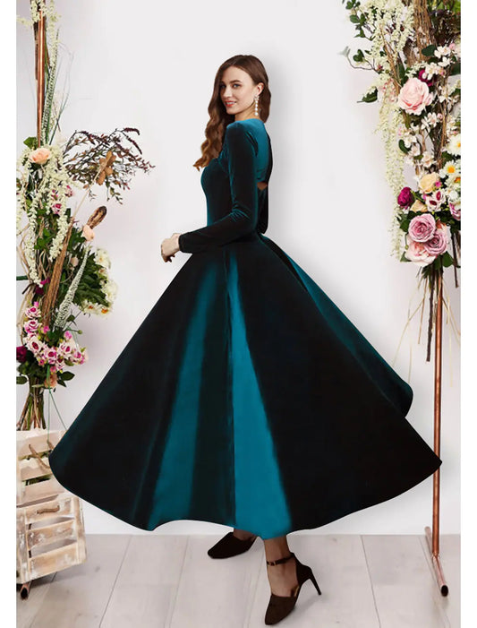 Vintage Velvet Ball Gown Square Neck Long Sleeve Ankle Length Evening Dress.