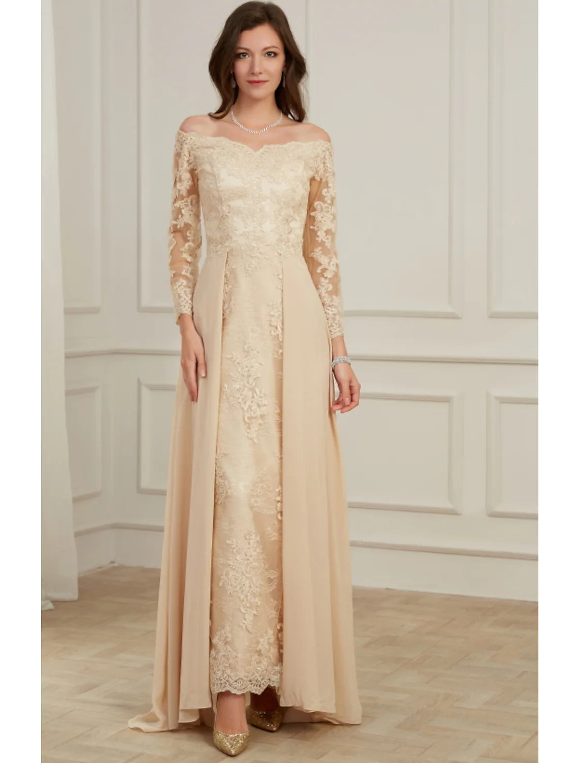 A-Line Evening Gown Elegant Dress Wedding Guest Floor Length Long Sleeve Off Shoulder Polyester with Overskirt Appliques Mother of The Bride Dress