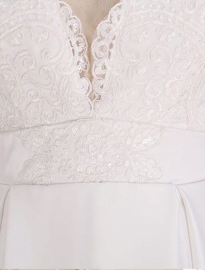 Beach Open Back Wedding Dresses Court Train A-Line Long Sleeve V Neck Satin With Appliques